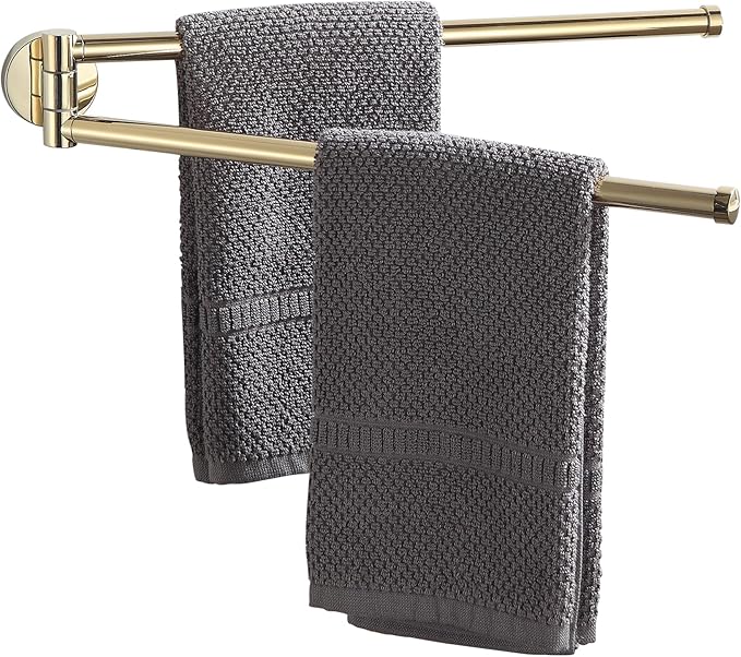 BGL Swivel Towel Bar for Bathroom Gold,Swing Out Double Towel Bar 2-Arm Kitchen Wall Mounted Towel Hanger Holder for Bathroom Organizer