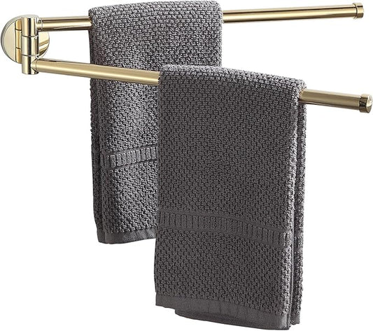 BGL Swivel Towel Bar for Bathroom Gold,Swing Out Double Towel Bar 2-Arm Kitchen Wall Mounted Towel Hanger Holder for Bathroom Organizer