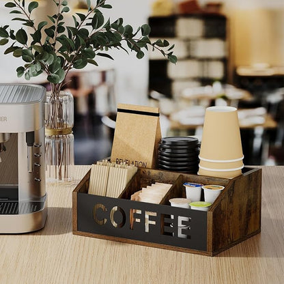 YINMIT Coffee Station Organizer for Countertop, Wood Coffee Bar Organizer with Removable Dividers for Pods, Syrup, Cups, Stirrer, Tea - Office Bar Accessories (Iron Sheet-Vintage Brown, 1 Tier)