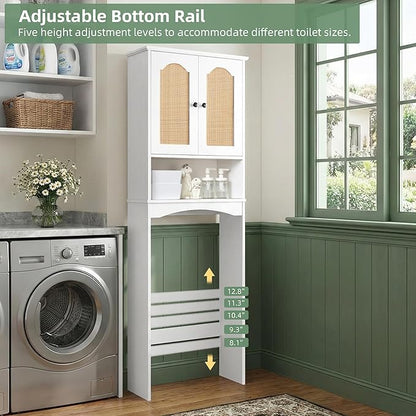 OONNEE Over The Toilet Storage Cabinet, Above Toilet Organizer with 2 Rattan Doors, Modern White Finish, 24x70 inch Space Saving Freestanding Bathroom Cabinet