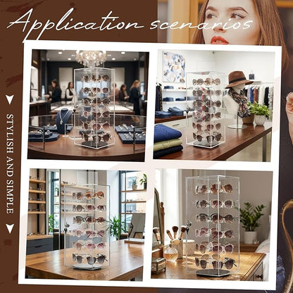 Colingmill Acrylic Lockable Rotating Sunglasses Display Case Acrylic Sunglasses Display Stand Eyewear Organizer Case with Sign Holder, Holds up to 24 Pairs of Glasses