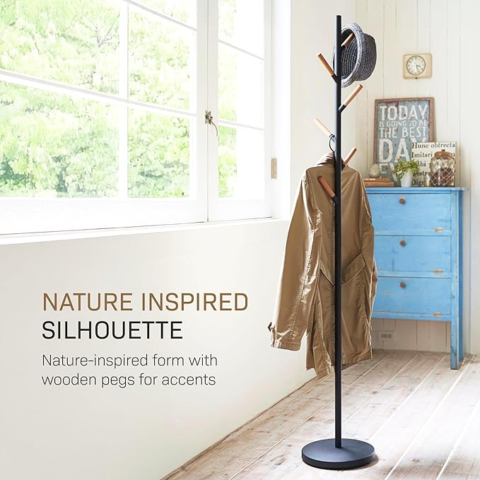 YAMAZAKI Home Freestanding Coat Rack Stand – Modern Coat Tree With Wooden Hooks, Standing Coat Hanger For Entryway, Sturdy Weighted Base, Steel, White, Easy Assembly, 70" - Steel