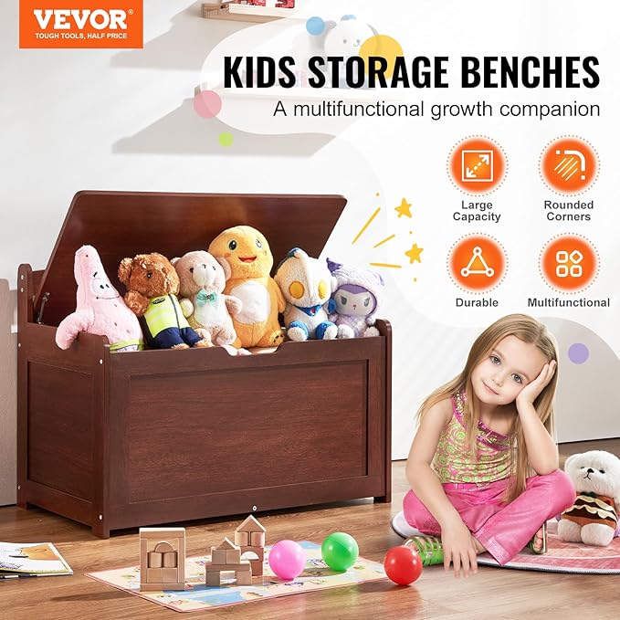 VEVOR Wooden Toy Chest for Kids, Toddler Toy Storage Box with Flip-Top Lid and Safety Hinge, 32.68 x 17.91 x 24.02 Large Kids Storage Bench for Playroom, Bedroom, Living Room or Entryway, Cherry