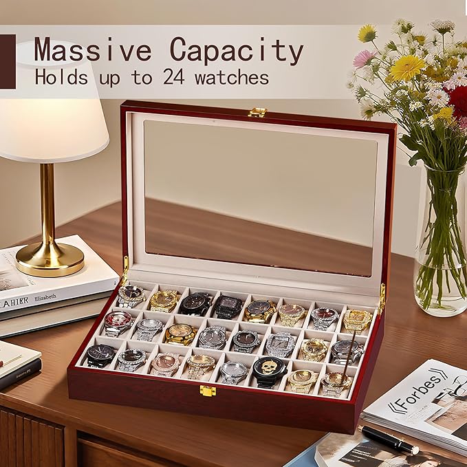 Baojulong 24-Slot Red Wooden Watch Box, Watch Organizer with Clear Lid, Suitable for Various Watches