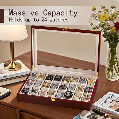 Baojulong 24-Slot Red Wooden Watch Box, Watch Organizer with Clear Lid, Suitable for Various Watches