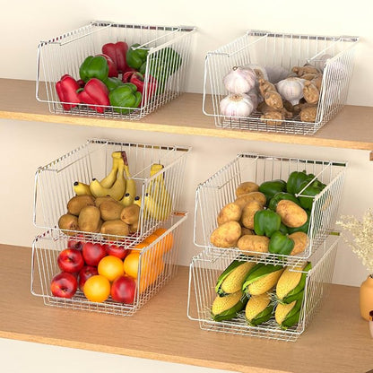Wire Storage Baskets Stackable Organizer Basket Bins Stacking Household Wire Baskets with Handles Storage Organization for Kitchen, Pantry, Bathroom, Cabinets, Closets, Bedrooms, Set of 2