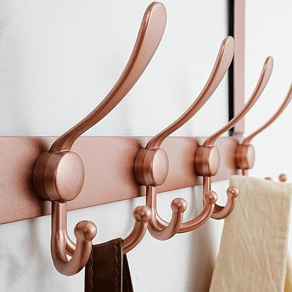 Dseap Over The Door Hook Hanger - Fits 1 3/8" to 1 3/4" Standard Doors | 5 Tri Hooks Heavy Duty Towel/Coat Rack | Door Organizer for Clothes, Jackets, Hats, Towels, Rose Gold