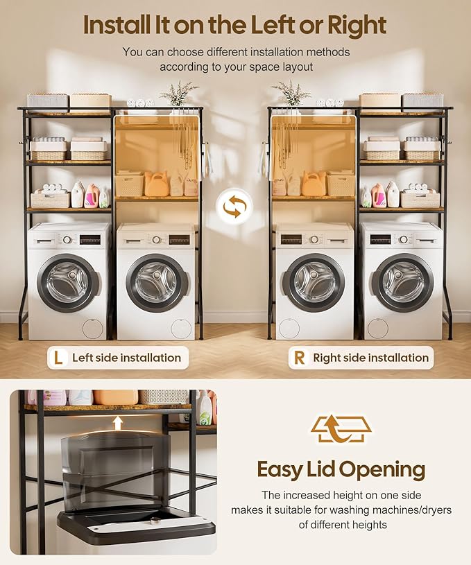 Homde Over The Washer and Dryer Storage Shelf, 5-Tier Heavy Duty Laundry Room Organizer Standing Shelf with Hanger Rod & Anti-Tip, Space Saving Rust Proof Shelving for Bathroom, Balcony