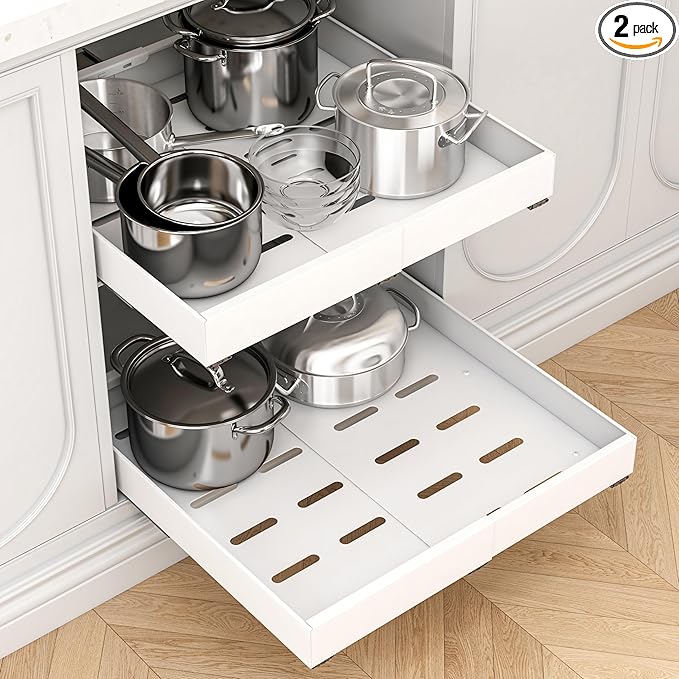 THMINS 2 Pack Expandable Pull Out Cabinet Organizer, 21" Deep Expandable (12.6" - 20.5") 3 Heavy Duty Slide Drawers Pull Out Drawers for Kitchen Storage Cabinet (White)