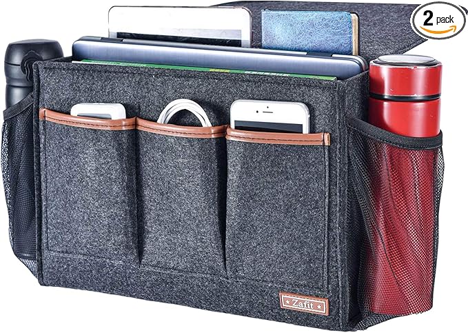 Zafit Bedside Caddy, Large Size Storage Organizer with 8 Pockets - Holds Magazines, Remotes, Phone (13.4'' x 18.1'', Dark Grey)