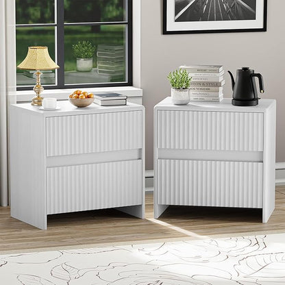 HOCAT Set of 2 Fluted Nightstand, 23" Wide Bedside Table with 2 Storage Drawers, Modern Night Stand for Bedroom, White