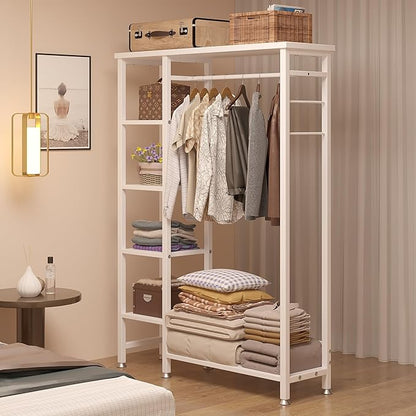 VECELO Open Garment Clothing Rack, Free-Standing Heavy Duty Storage Closet with 5 Shelves and Hanging Rod for Small Spaces, Max Load 350LBS, White