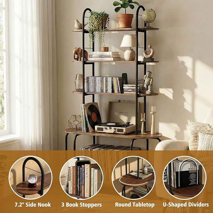 5-Tier CD Storage Rack, Record Player Stand with Storage, DVD Organizer Shelf with Adjustable Book Stoppers, Media Storage Rack for CD/DVD, Books, Games, for Living Room, Bedroom, Home Office, Walnut