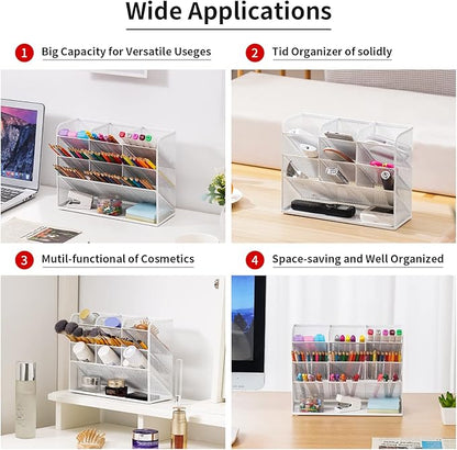 Marbrasse Mesh Desk Organizer, Multi-Functional Pen Holder, Pen Organizer for desk, Desktop Stationary Organizer, Storage Rack for School Home Office Art Supplies (White - Mesh Pen Holder)