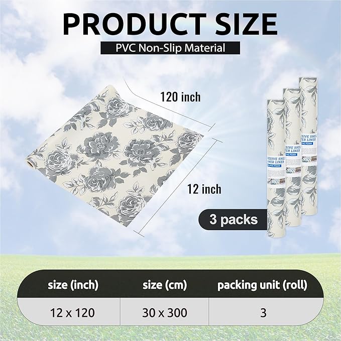 12X120 Inch Shelf Liner for Kitchen Cabinets, PVC Drawer Liner for Dresser Non-Slip Bathroom, Non-Adhesive Cabinet Liner Washable (Black Flower)(3 Roll)