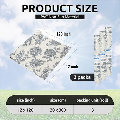 12X120 Inch Shelf Liner for Kitchen Cabinets, PVC Drawer Liner for Dresser Non-Slip Bathroom, Non-Adhesive Cabinet Liner Washable (Black Flower)(3 Roll)