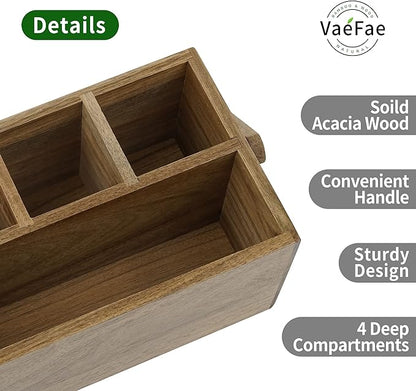 VaeFae Acacia Silverware Caddy with Handle, Wooden Utensil Holder, Mulip-pose Organizer for Kitchen, Office, Bathroom, Bedroom