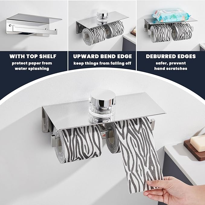Suyar Double Toilet Paper Holder, SUS 304 Stainless Steel Bathroom Toilet Paper Roll Holder with Shelf, Polished Chrome