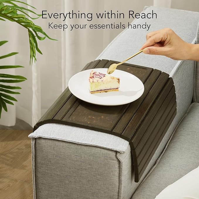 DETOR Couch Arm Tray with Retro Cork Pad, Black-Stained Bamboo Finish, Enhanced Non-Slip Bottom, Sturdy Bamboo Slats, Fits Armrests 4.6" and Wider