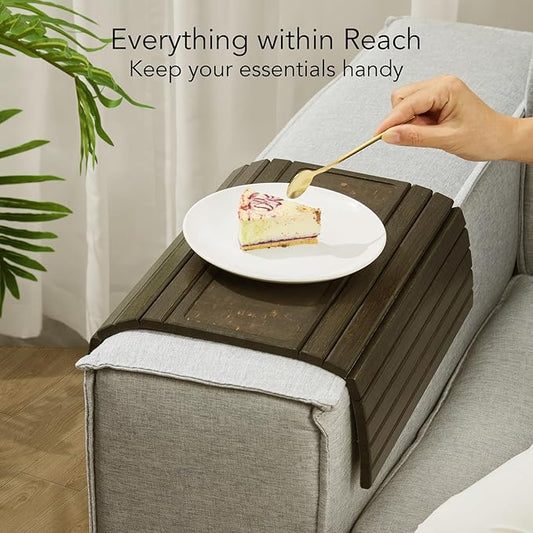DETOR Couch Arm Tray with Retro Cork Pad, Black-Stained Bamboo Finish, Enhanced Non-Slip Bottom, Sturdy Bamboo Slats, Fits Armrests 4.6" and Wider