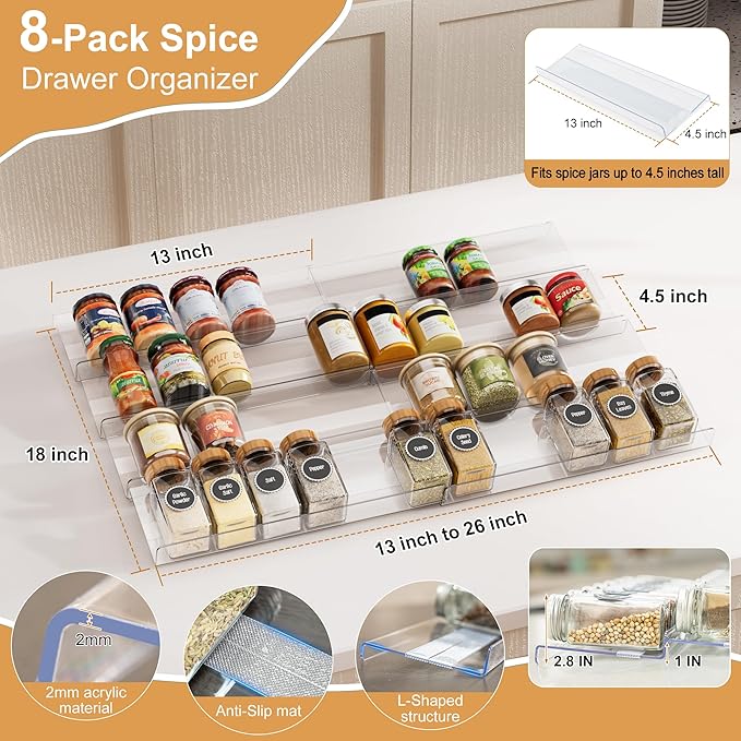 Brippo 8-Pack Spice Drawer Organizer, Expandable Acrylic Seasoning Rack (13" to 26") with Anti-Slip Mat, Kitchen Spice Rack Drawer Holds up to 56 Jars (Jars Not Included)