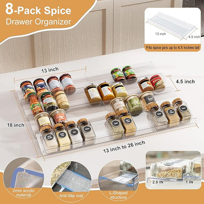 Brippo 8-Pack Spice Drawer Organizer, Expandable Acrylic Seasoning Rack (13" to 26") with Anti-Slip Mat, Kitchen Spice Rack Drawer Holds up to 56 Jars (Jars Not Included)