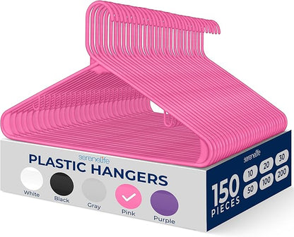 SereneLife 150 Pack Plastic Hangers, Non-Slip, Space-Saving Closet Organizers, Durable and Strong for Shirts, Sweaters, Hoodies, Kids Clothes & Dresses, Ultra-Thin, Lightweight