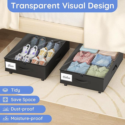 Under Bed Storage with Wheels, 2-Pack Under Bed Storage Containers with Clear Lids, Under the Beds Storage Organizer Bins With Handles, Under Bed Drawer for Clothes, Shoes, Books, Toys