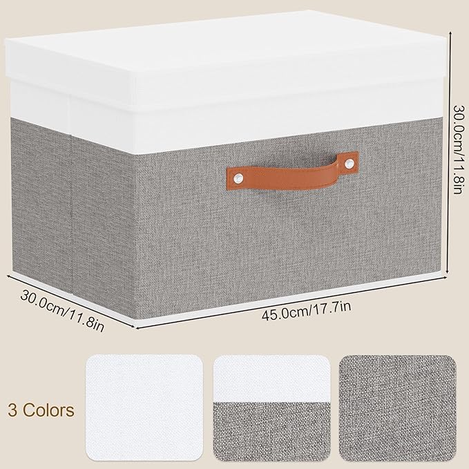 Storage Bins, Storage Baskets with Lids, 17.7 x 11.8 x 11.8 Inch Closet Organizer Boxes with Double Handles, White and Grey, 3-Pack