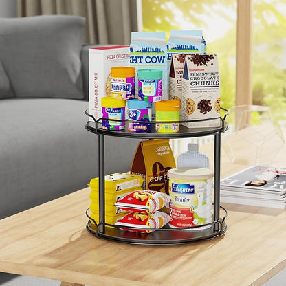 Lazy Susan Organizer 2 Tier - 12.4" Turntable Spice Rack for Table Top, Wooden Rotating Lazy Susan for Cabinet Pantry Kitchen Countertop Dining Table Cupboard Bathroom Vanity Storage(Black)