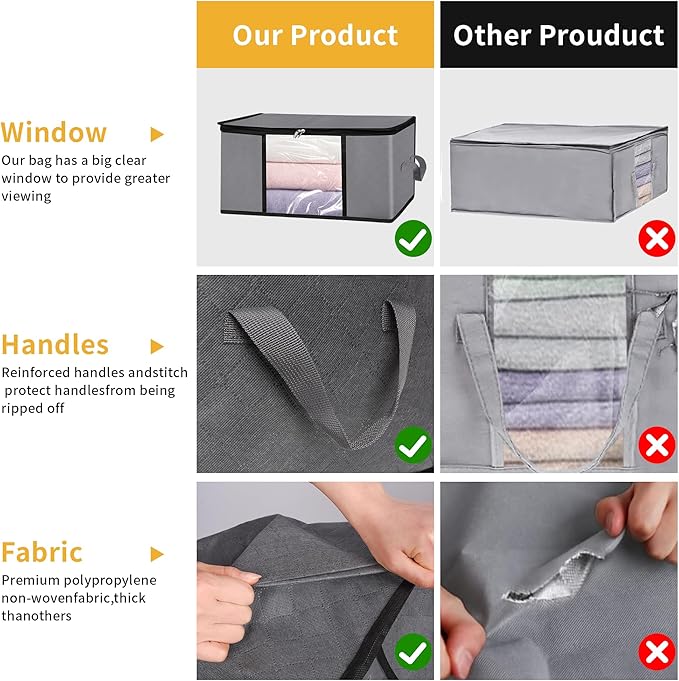 BiCINE 2 Pack Clothes Organizer Storage Bags with Zipper, 45L Foldable Blanket Storage Box with Clear Window Sturdy Handles for Closet, Dorm, Pillows, Bedding, Sweater, Clothing, Gray