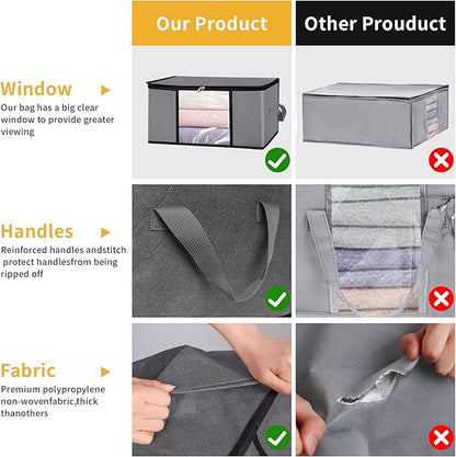 BiCINE 2 Pack Clothes Organizer Storage Bags with Zipper, 45L Foldable Blanket Storage Box with Clear Window Sturdy Handles for Closet, Dorm, Pillows, Bedding, Sweater, Clothing, Gray