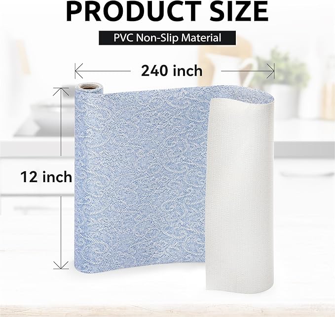 FIFTY FEET 12X240 Inch Shelf Liner with Scissor & Tape Measure for Kitchen Cabinets, PVC Drawer Liner for Dresser Non-Slip Bathroom, Non-Adhesive Cabinet Liner Washable (Pale Blue)