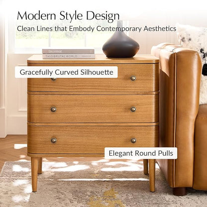 HULALA HOME Modern End Table Set of 2 with Charge Station, 3 Drawer Wood Side Table with Solid Wood Legs & Adjustable Feet, Curved Design End Table, Oak