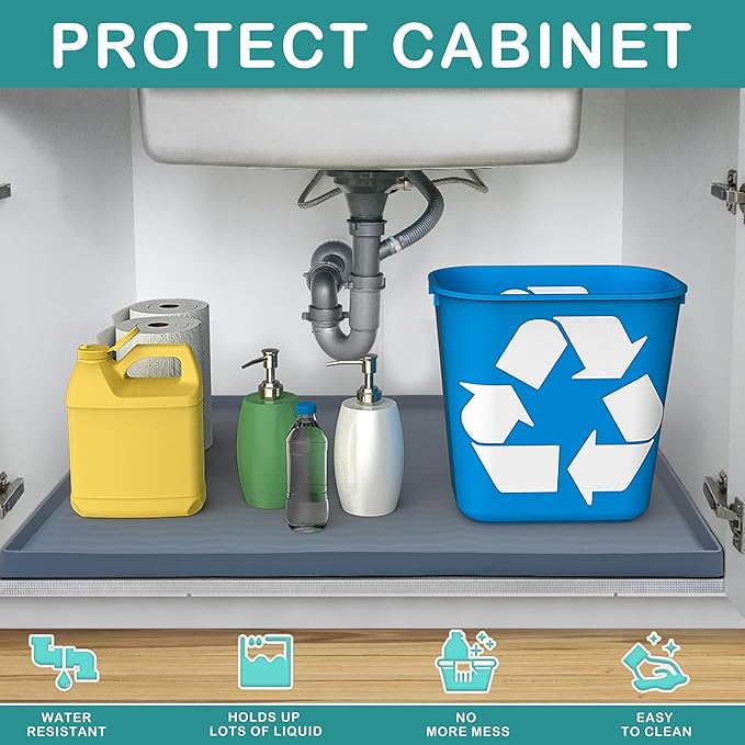 URMONA Waterproof Silicone Under Sink Mat 22'' x 14'' Shelf Liner for Kitchen and Bathroom, Cabinet and Counter Protector, Storage and Organizers, Litter Mat, Pet Cat Puppy Essentials(Khaki)