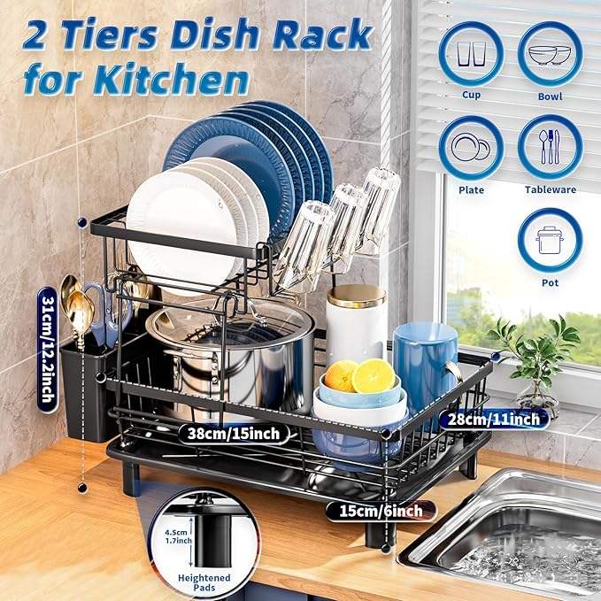 GAOKASE 2 Tiers Dish Drying Rack, Space-Saving Dish Racks for Kitchen Counter, Dish Drainer Drying Rack with Drainboard, Utensil Holder Cups Holder Plate Rack and Automatic Drainage Drainboard, Black
