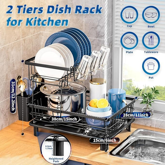 GAOKASE 2 Tiers Dish Drying Rack, Space-Saving Dish Racks for Kitchen Counter, Dish Drainer Drying Rack with Drainboard, Utensil Holder Cups Holder Plate Rack and Automatic Drainage Drainboard, Black