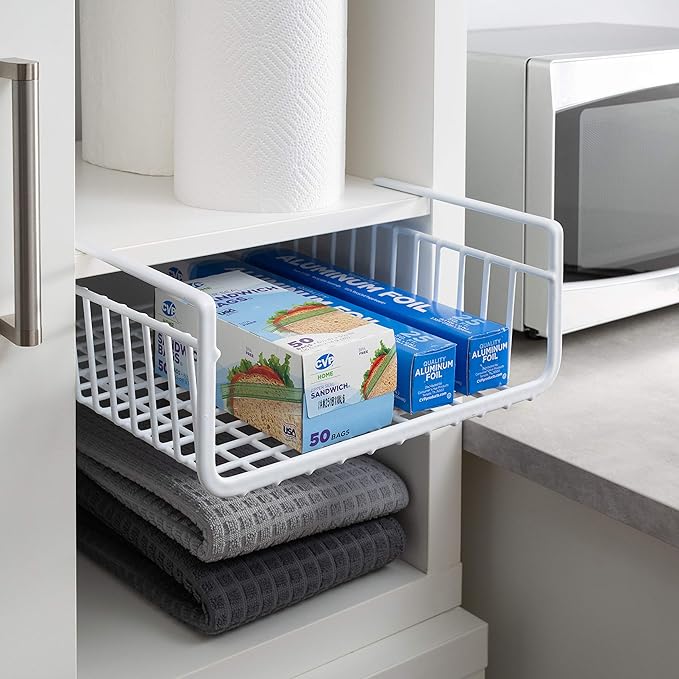 Organize It All Under Shelf Hanging Basket White Wire Rack | Dimensions : 13.5 x 12.5 x 5.13 inches | Great for Kitchen | Kitchen Storage | White