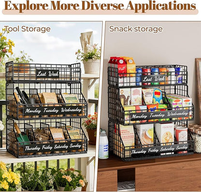 Egg Basket for Countertop, Egg Holder Countertop with 5 Dividers & Labels, 3 Tier Stackable Wire Storage Baskets to Keep Eggs Organized, Egg Organizer Decorative Rack for Kitchen & Home, Black