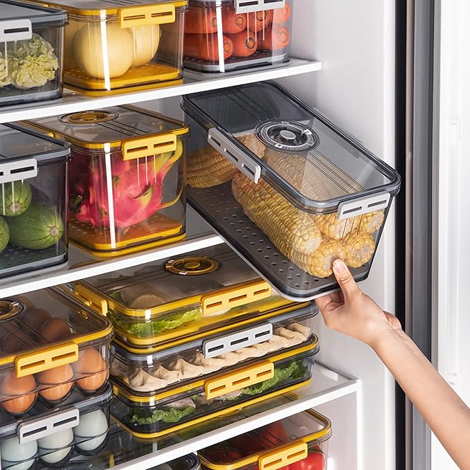 Huaqinglian Fridge Produce Saver Food Storage Bin with removable Drain Tray, Stackable Refrigerator Organizer Fresh Keeper Container with timer lid For Kitchen Produce Fruit Vegetables storage (4.5L)