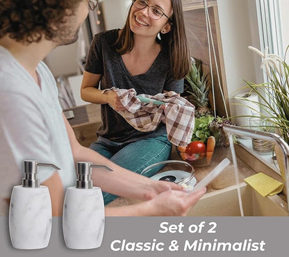 Clasin Home Resin Soap Dispenser Set 2, Refillable Hand Soap Dispenser with White Marble Look and Metallic Pump, Kitchen, Bathroom, Waterproof Labels (12 Oz)