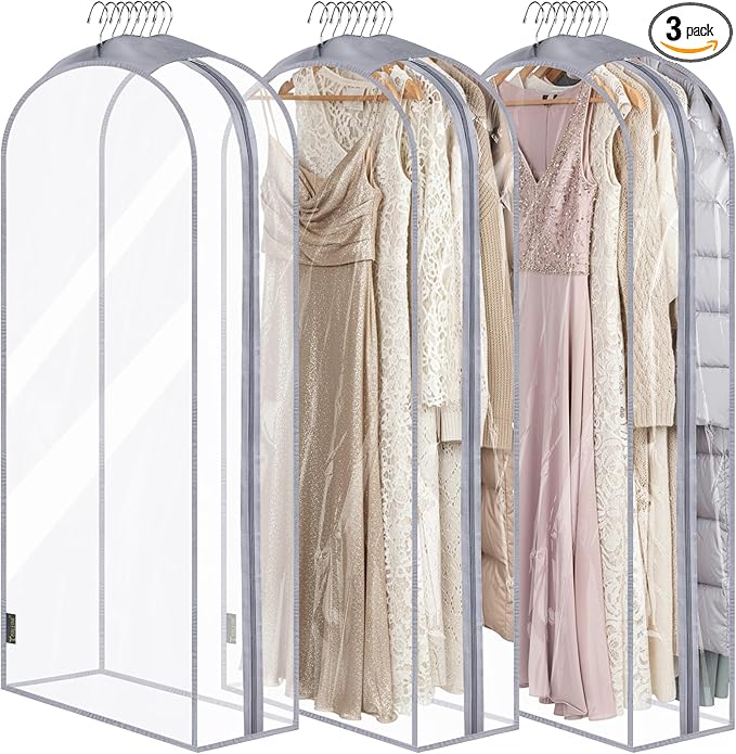 BALEINE 60'' Clear Garment Bags for Hanging Clothes, 10.5'' Wide PEVA Suit Bag for Closet Clothes Dresses Coat (Clear, 3PK)