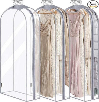 BALEINE 60'' Clear Garment Bags for Hanging Clothes, 10.5'' Wide PEVA Suit Bag for Closet Clothes Dresses Coat (Clear, 3PK)