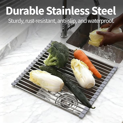 TYZUIAW Roll Up Dish Drying Rack for Over Sink -17.5"x11.8" Foldable Stainless Steel Kitchen Drainer，Gray