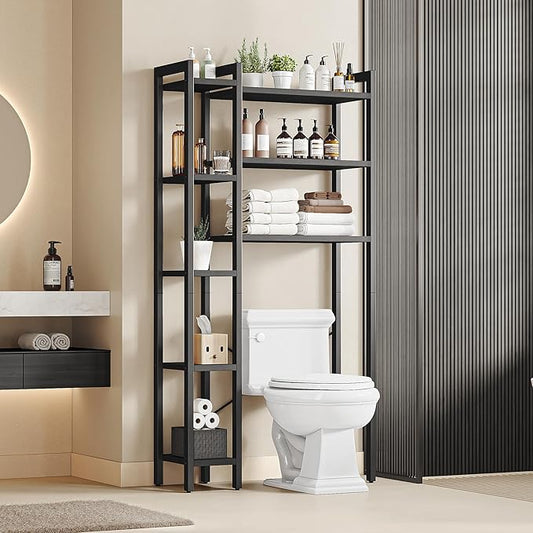 IRONCK Over The Toilet Storage with 8-Titer Shelf, Mass-Storage Side Storage Open Rack, Freestanding Bathroom Organizer Space Saver, for Bathroom, Restroom, Laundry, Black