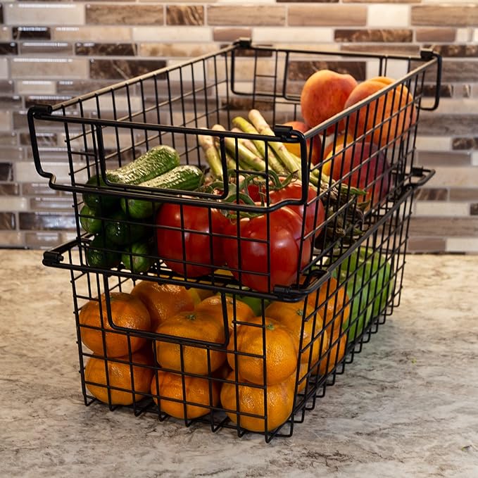 Set of 2 Storage Bins for Kitchen and Bathroom Organizer - Basket Set for Toy, Kitchen, Closet, and Bathroom Storage - Medium Shelf Organizers with Handles by Home-Complete (Black)
