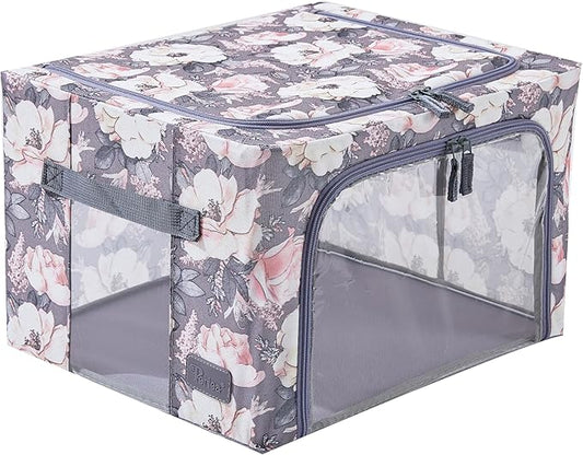 Periea 'Beau' Foldable Stackable Fabric Home Storage Boxes with Steel Frames - Set of 2 (Floral Grey, Small)