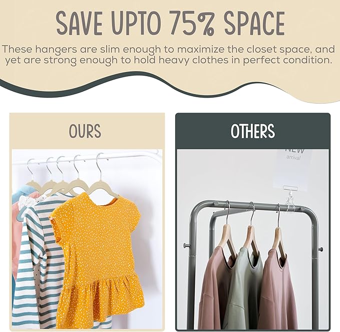 TechZoo 50 Premium Kids Velvet Hangers - 14" Non-Slip Clothes Hangers for Kids & Preteens - Ultra Slim, Space-Saving, Strong & Durable Hangers with 360° Swivel Hook - Ivory