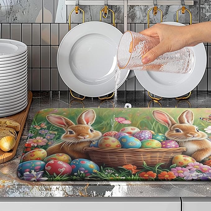 Wnoesat Easter Bunny Eggs Dish Drying Mat for Kitchen Counter 18x24 Inch Spring Easter Rabbit Flowers Large Drying Mat Microfiber Dish Drainer Rack Mats Absorbent Reversible Dishes Pad Dish Dryer Mat