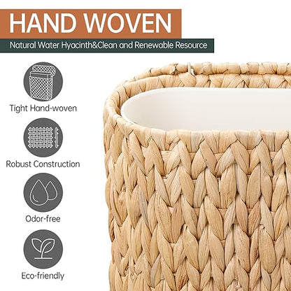 3 Gallon Wicker Trash Can with Lid and Liner,Small Bathroom Trash Cans,Woven Rattan Narrow Waste Basket for Bedroom,Home Office,Natural Water Hyacinth